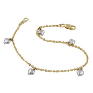 Armband 1,7mm Ankerkette mit 5 Herzen bicolor rhodiniert 9Kt GOLD 19cm – Bild 3